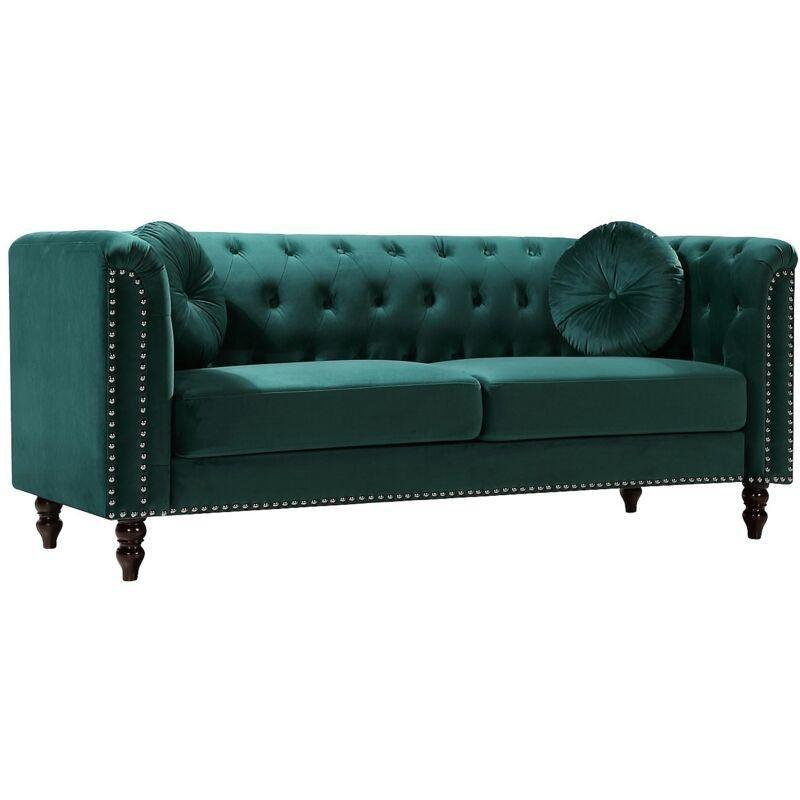 Zümrüt Yeşili Kadife Zımba Detaylı Chesterfield 3 Kişilik Koltuk - 152253