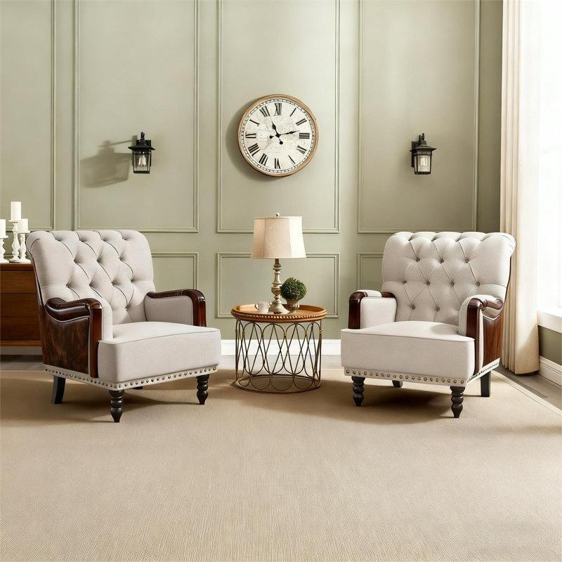 2li Set Açık Gri Kumaş Zımba Detaylı Kulaklı Berjer Koltuk - 81 cm - 204752