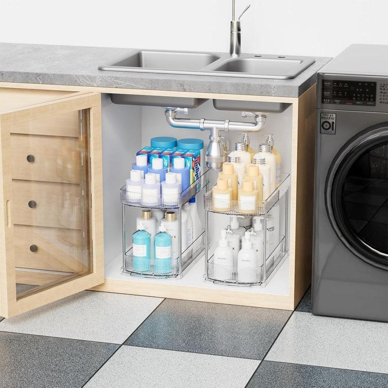 2li Set Şeffaf Plastik 2 Katlı Sürgülü Çekmeceli Ayarlanabilir Dolap İçi Raf - 183184