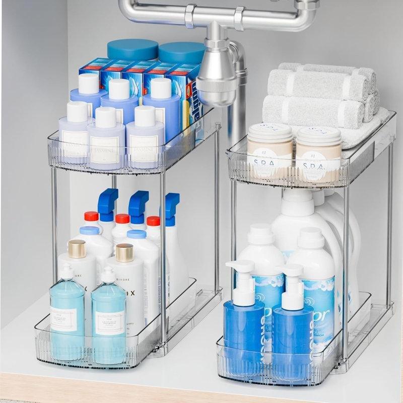 2li Set Şeffaf Plastik 2 Katlı Sürgülü Çekmeceli Ayarlanabilir Dolap İçi Raf - 183184