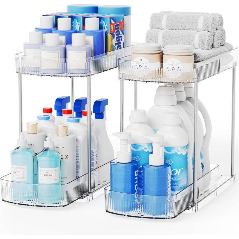 2li Set Şeffaf Plastik 2 Katlı Sürgülü Çekmeceli Ayarlanabilir Dolap İçi Raf - 183184