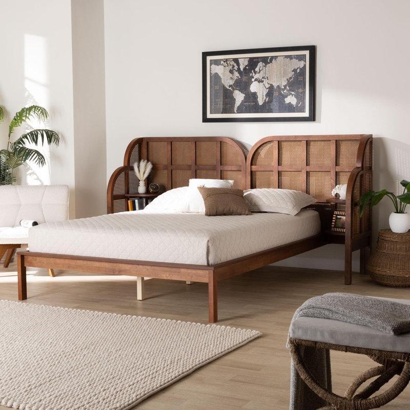 Abanoz Rattan Detaylı Raflı Masif Ahşap Bohem Platform Karyola - 235 cm - 182020
