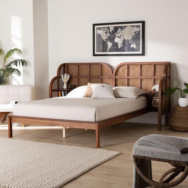 Abanoz Rattan Detaylı Raflı Masif Ahşap Bohem Platform Karyola - 235 cm - 182020