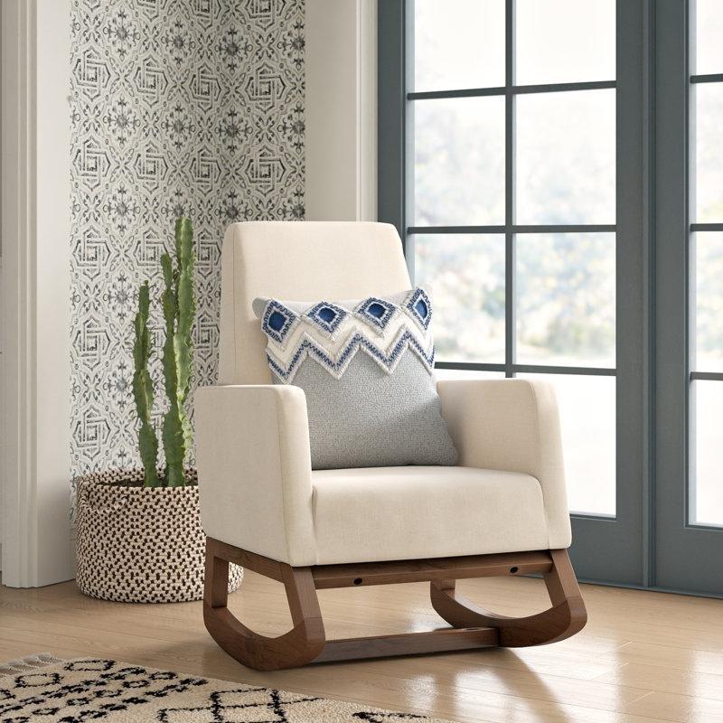 Açık Bej Kumaş Döşemeli Masif Ahşap Yüksek Sırtlı Sallanan Sandalye - 95x67x95 cm - 219532