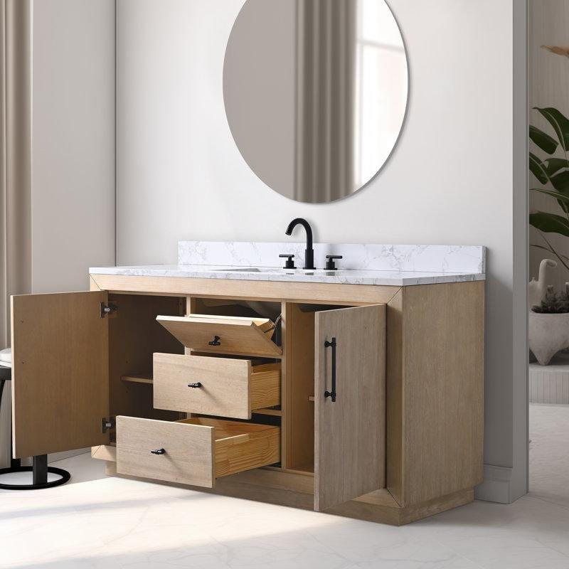 Açık Buğday Masif Kavak Ağacı Mermer Tezgahlı Çekmeceli Banyo Lavabo Dolabı - 153 cm - 197650