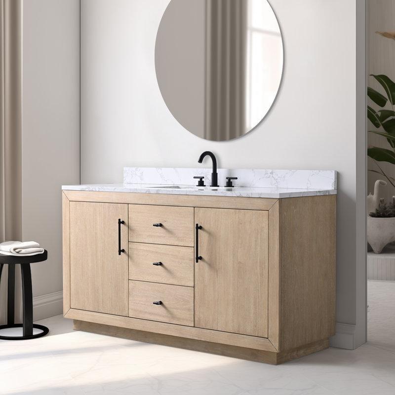 Açık Buğday Masif Kavak Ağacı Mermer Tezgahlı Çekmeceli Banyo Lavabo Dolabı - 153 cm - 197650