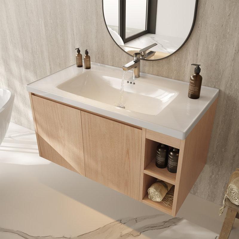 Açık Ceviz Ahşap Duvara Monte Seramik Lavabolu Banyo Dolabı - 91 cm - 197799