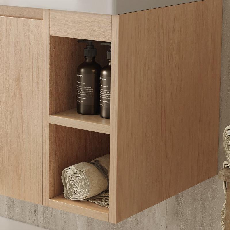 Açık Ceviz Ahşap Duvara Monte Seramik Lavabolu Banyo Dolabı - 91 cm - 197799