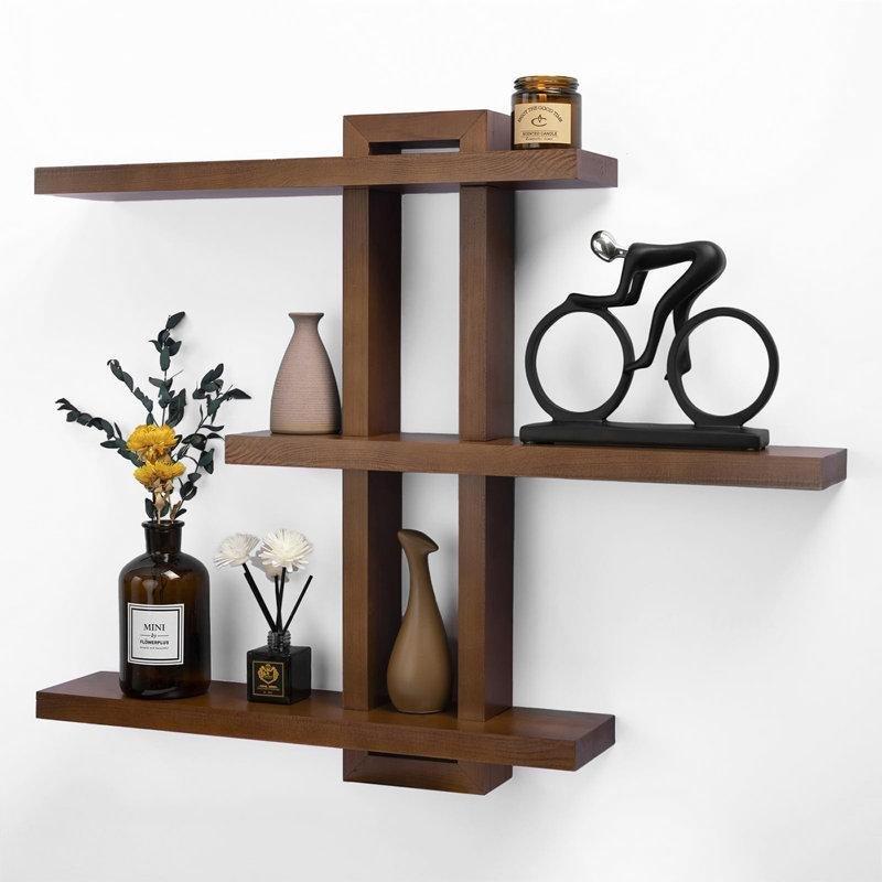 Açık Ceviz Masif Çam Ahşap 3lü Ayarlanabilir Duvar Rafı - 72 cm - 180006