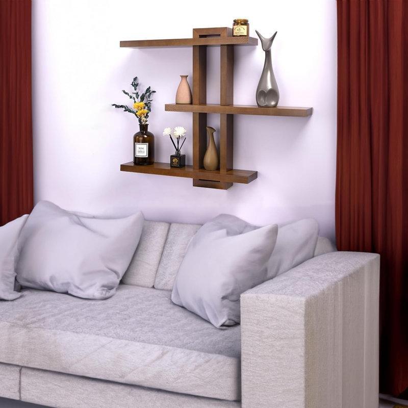 Açık Ceviz Masif Çam Ahşap 3lü Ayarlanabilir Duvar Rafı - 72 cm - 180006