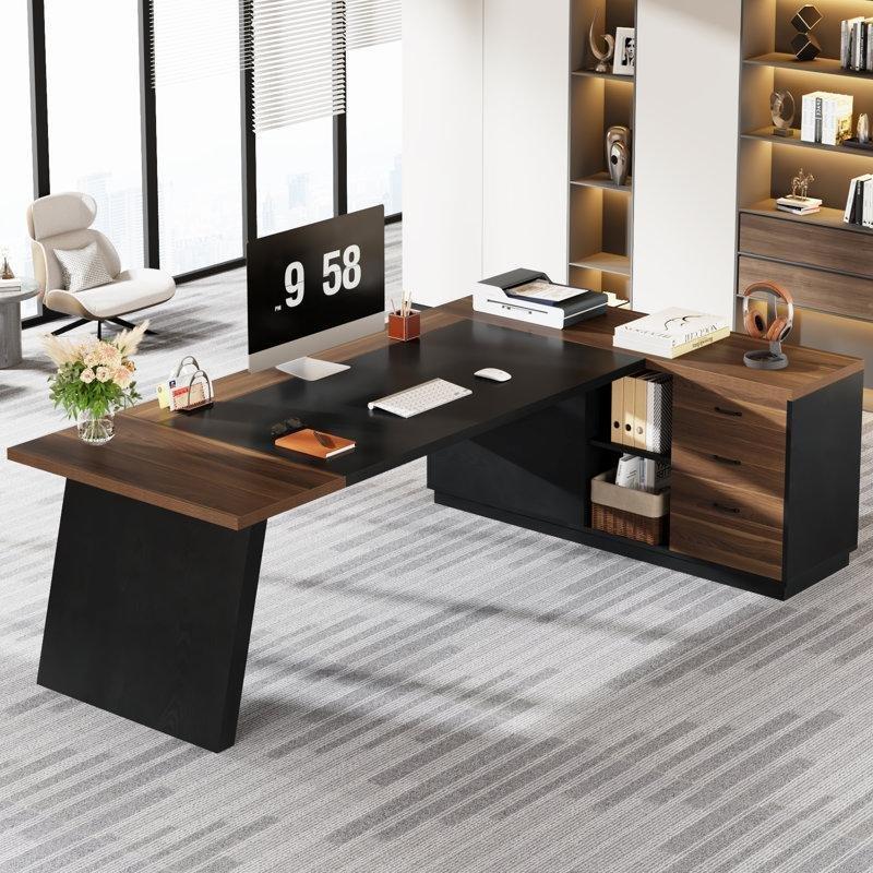 Açık Ceviz ve Siyah MDF L Tipi Çekmeceli ve Dolaplı Ofis Masası - 200 cm - 177066