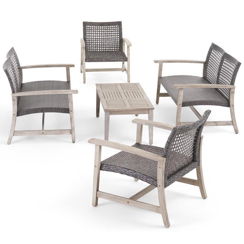 Açık Gri Akasya Ağacı ve El Örgüsü Rattan 6 Kişilik Bahçe Takımı - 211657