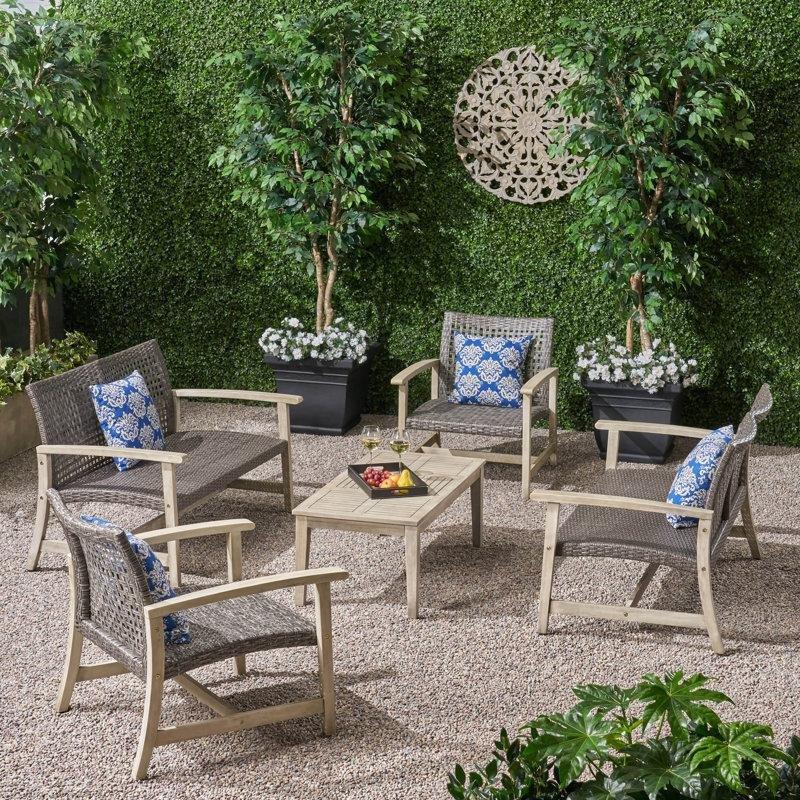 Açık Gri Akasya Ağacı ve El Örgüsü Rattan 6 Kişilik Bahçe Takımı - 211657