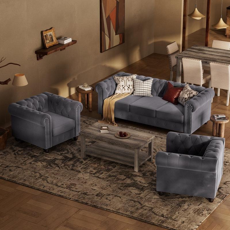 Açık Gri Kadife Kapitoneli Zımba Detaylı Chesterfield Koltuk Takımı - 191535
