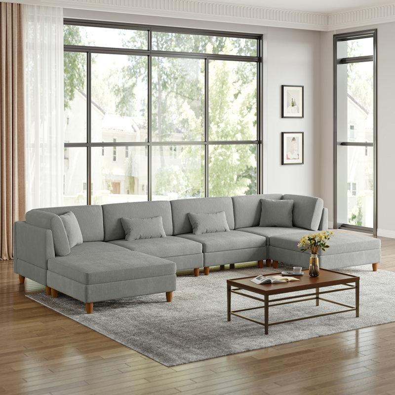 Açık Gri Kadife Modüler Minder Sırtlı 6 Parça U Köşe Koltuk Takımı - 193913