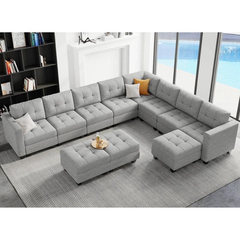 Açık Gri Keten Sandıklı Modüler Ayarlanabilir Sırtlı U Köşe Koltuk Takımı - 364x297 cm - 193322