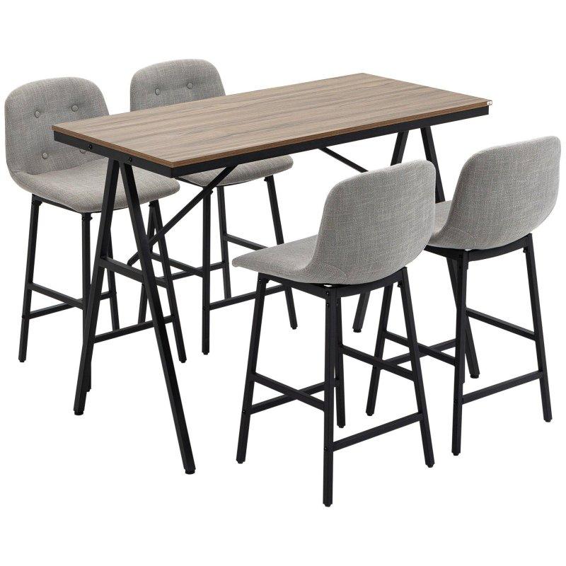Açık Gri Kumaş Siyah Çelik 4 Tabureli Endüstriyel Bar Masası Seti - 120x60x91 cm - 232573