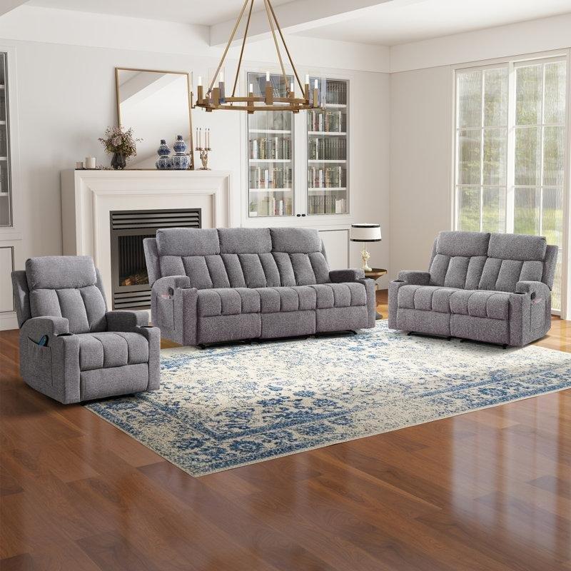 Açık Gri Mikrofiber Bardaklıklı Masajlı Mekanizmalı Koltuk Takımı - 192300