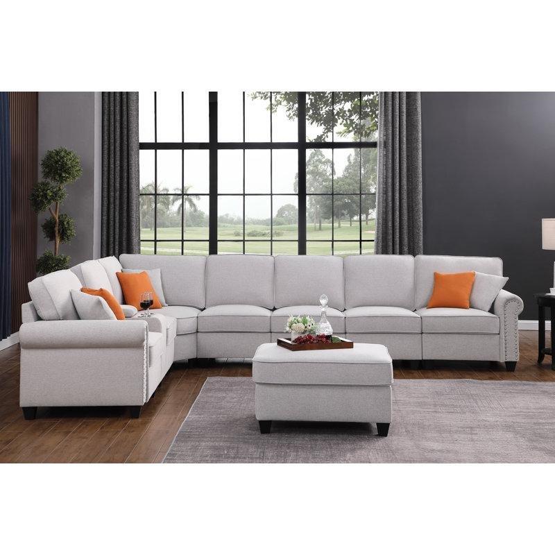 Açık Gri Polyester Kumaş Modüler Puflu USB Portlu Zımba Detaylı Köşe Koltuk Takımı - 409x251 cm - 193705