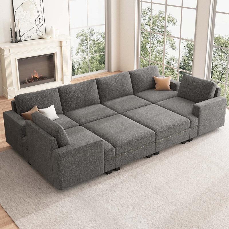 Açık Gri Polyester Kumaş Modüler Yataklı ve Saklama Alanlı U Şekilli Köşe Koltuk Takımı - 307x166 cm - 194766