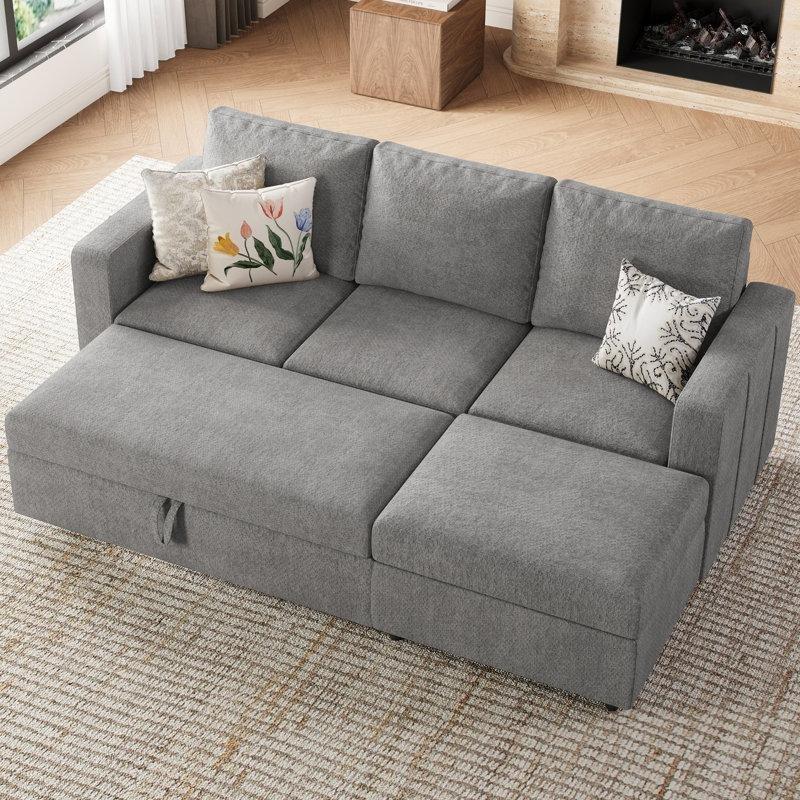 Açık Gri Şönil Kumaş Masif Ahşap Yataklı Sandıklı Modüler Köşe Koltuk - 215x138 cm - 193233