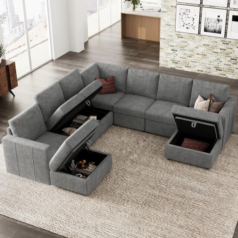 Açık Gri Şönil Kumaş Modüler Depolama Alanlı L Köşe Koltuk Takımı - 273x273 cm - 192749