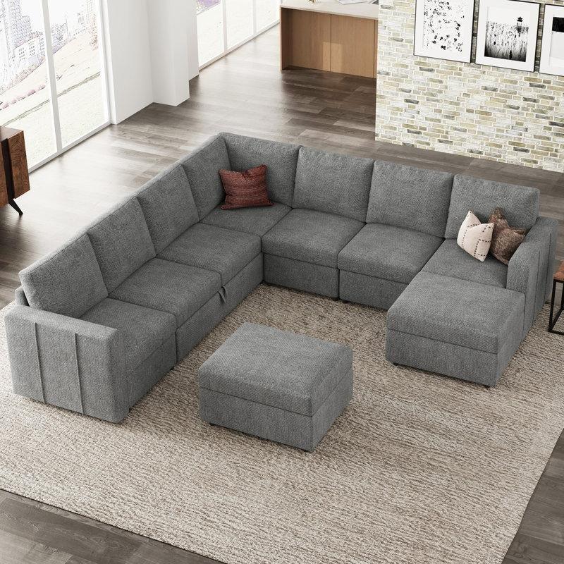 Açık Gri Şönil Kumaş Modüler Depolama Alanlı L Köşe Koltuk Takımı - 273x273 cm - 192749