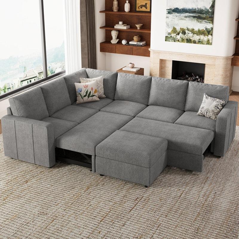 Açık Gri Şönil Kumaş Modüler Yataklı ve Saklama Alanlı U Köşe Koltuk Takımı - 273x217 cm - 192793