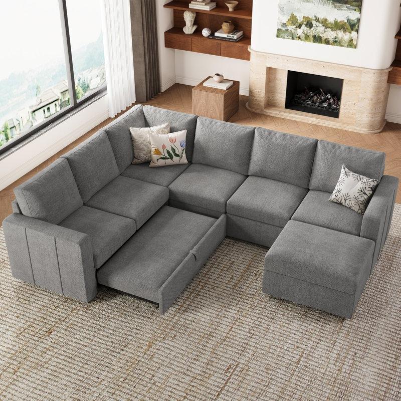 Açık Gri Şönil Kumaş Modüler Yataklı ve Saklama Alanlı U Köşe Koltuk Takımı - 273x217 cm - 192793
