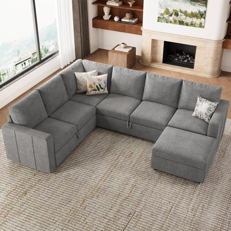 Açık Gri Şönil Kumaş Modüler Yataklı ve Saklama Alanlı U Köşe Koltuk Takımı - 273x217 cm - 192793