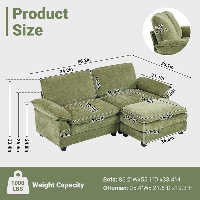 Açık Gri Şönil Kumaş Puflu Masif Ahşap İskeletli İkili Koltuk - 212 cm - 208529