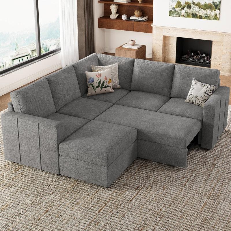 Açık Gri Şönil Kumaş Yataklı Saklama Alanlı Modüler U Köşe Koltuk Takımı - 212x217 cm - 192855