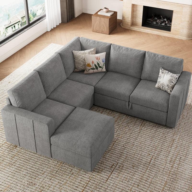 Açık Gri Şönil Kumaş Yataklı Saklama Alanlı Modüler U Köşe Koltuk Takımı - 212x217 cm - 192855