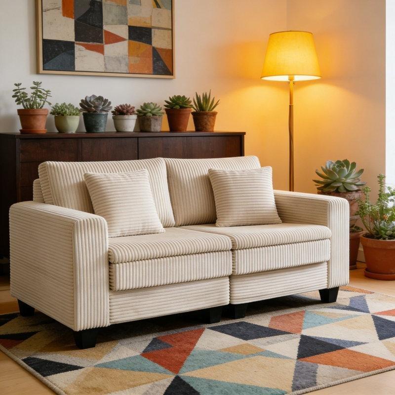 Açık Haki Fitilli Kadife Kare Kolçaklı İkili Koltuk - 195 cm - 206221