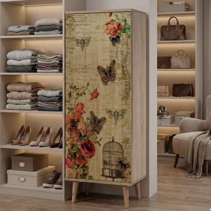 Açık Kahverengi Ahşap 8 Raflı Çiçek ve Kelebek Desenli Ayakkabılık - 135x51x39 cm - 227629