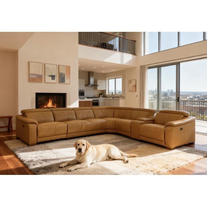 Açık Kahverengi Deri Konsollu Motorlu Mekanizmalı L Köşe Koltuk Takımı - 193049