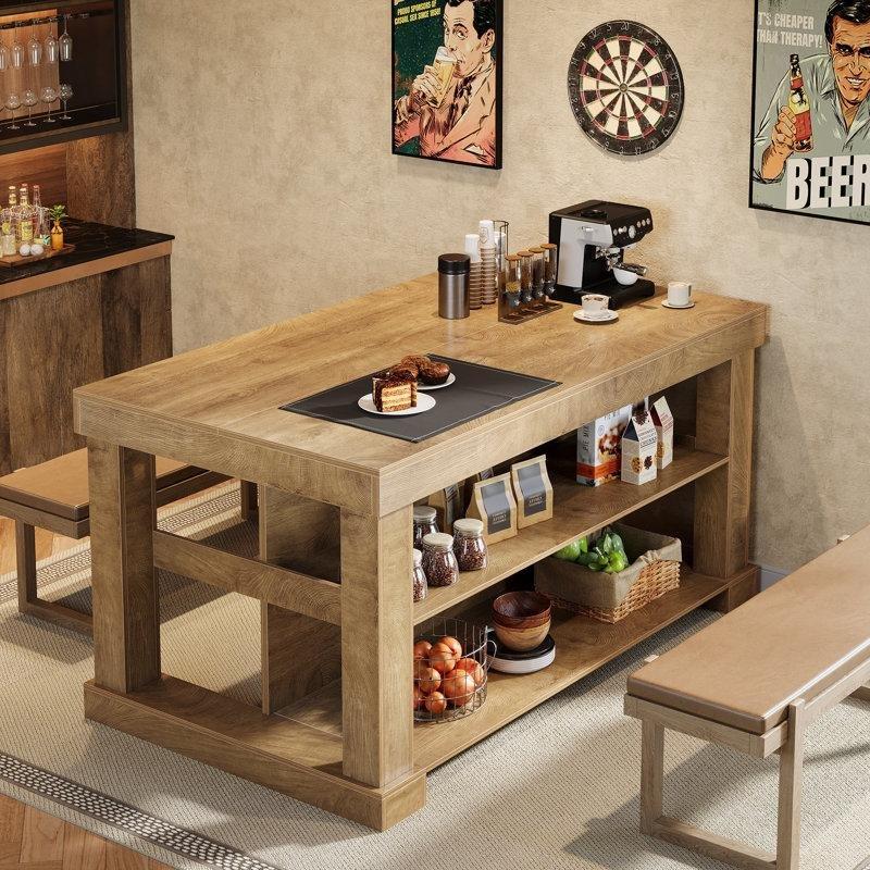 Açık Kahverengi MDF 3 Katlı Raflı Bar Masası - 141 cm - 231938