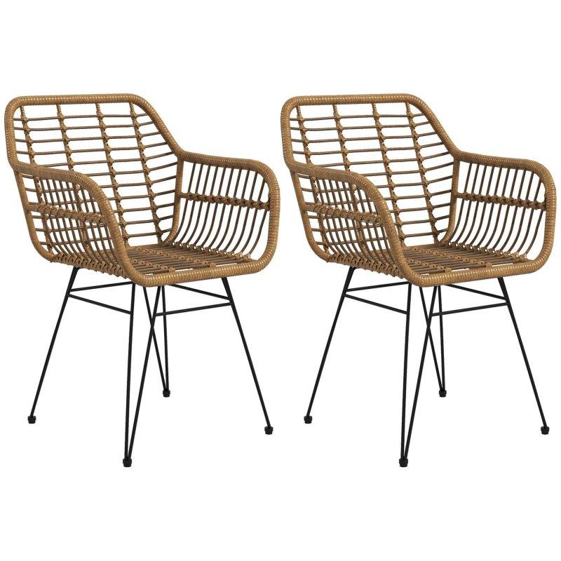 Açık Kahverengi Sentetik Rattan ve Siyah Çelik Kolçaklı 2li Set Yemek Sandalyesi - 235639