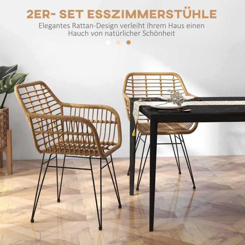 Açık Kahverengi Sentetik Rattan ve Siyah Çelik Kolçaklı 2li Set Yemek Sandalyesi - 235639