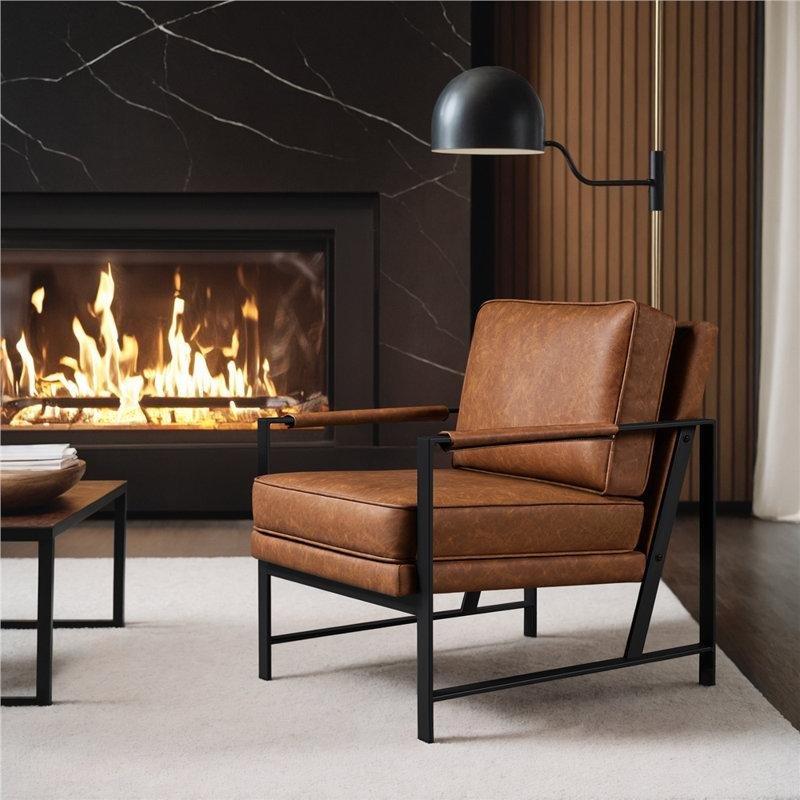 Açık Kahverengi Suni Deri Metal Çıkarılabilir Minderli Tekli Koltuk - 65 cm - 202972