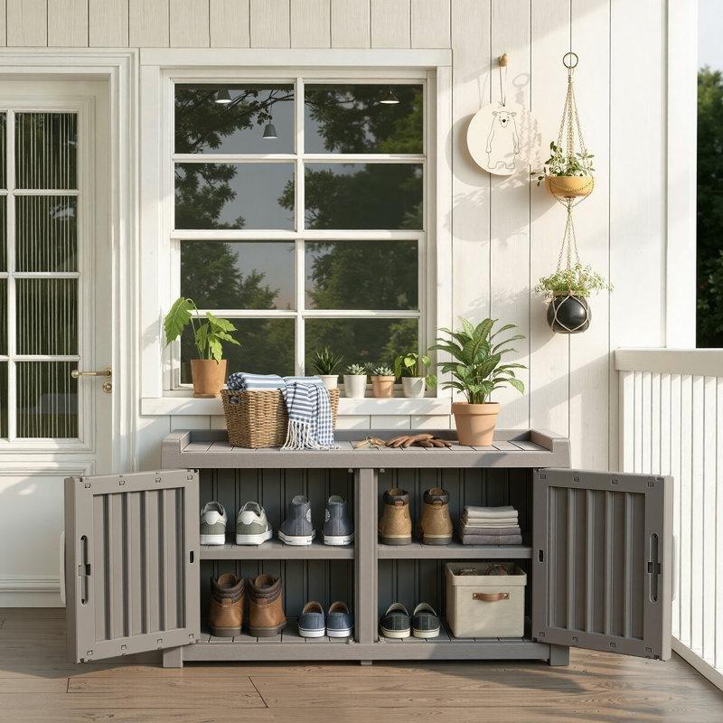 Açık Kahverengi ve Gri Reçine 2 Kapaklı Ayarlanabilir Raflı Ayakkabılık - 82 cm - 229053