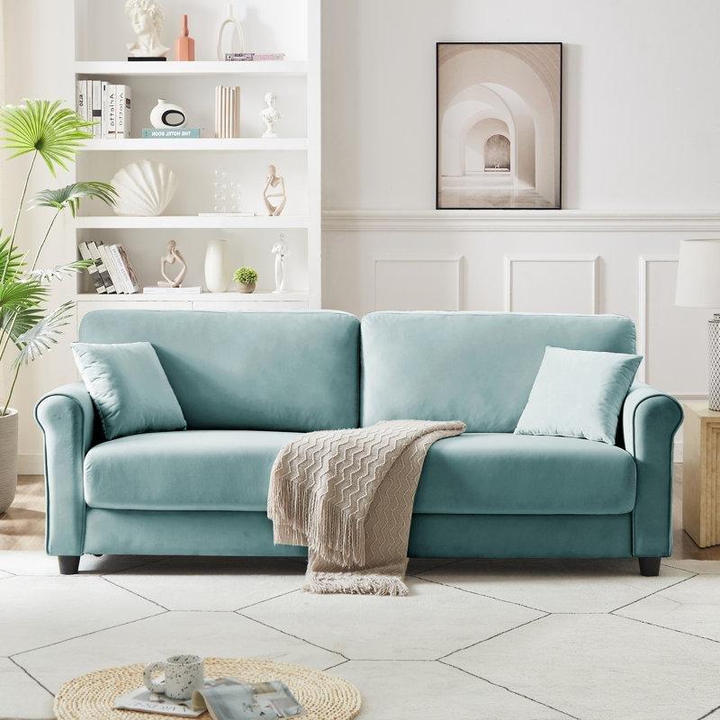 Açık Mavi Kadife Kıvrımlı Kollu Masif Ahşap Üçlü Koltuk - 210 cm - 196595