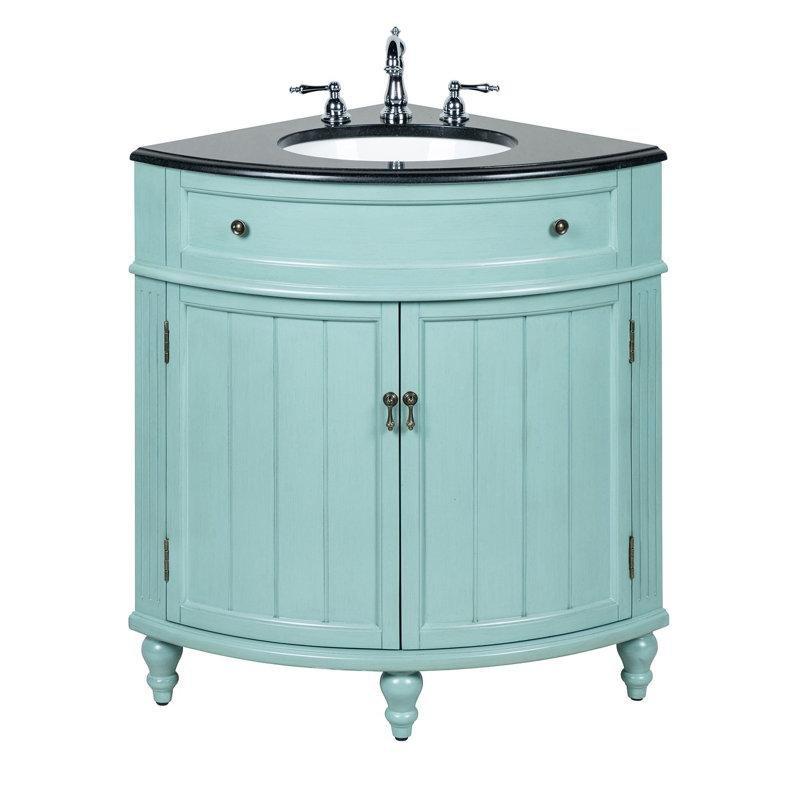 Açık Mavi Masif Ahşap ve Kontrplak Siyah Granit Tezgahlı Köşe Tipi Banyo Lavabo Dolabı - 61 cm - 198729