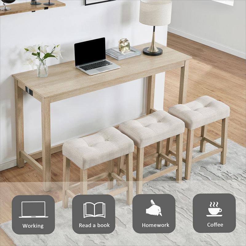 Açık Meşe Ahşap Prizli USB Portlu 3 Tabureli Koltuk Arkası Dresuar - 150x51 cm - 217261