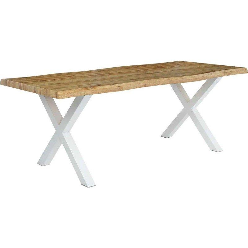 Açık Meşe Ahşap Tabla Beyaz Metal X Ayaklı Doğal Kenarlı Bohem Yemek Masası - 200x100 cm - 236748