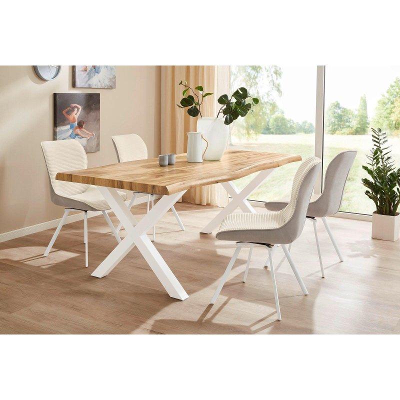 Açık Meşe Ahşap Tabla Beyaz Metal X Ayaklı Doğal Kenarlı Bohem Yemek Masası - 200x100 cm - 236748