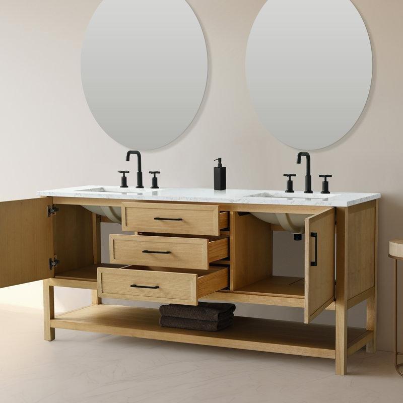 Açık Meşe Masif Ahşap Çift Lavabolu ve Açık Raflı Banyo Lavabo Dolabı - 183 cm - 197942