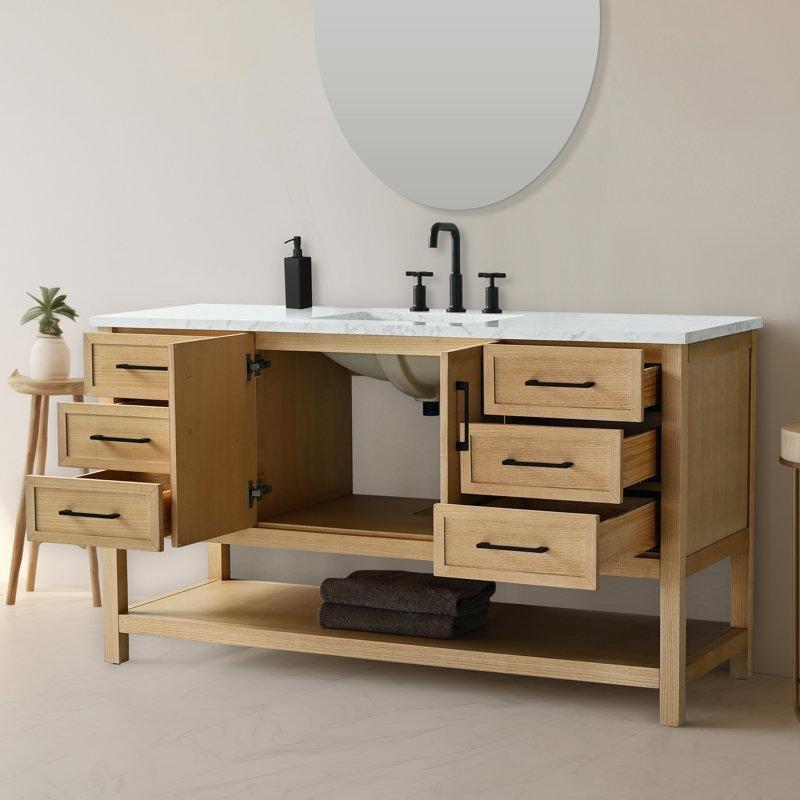 Açık Meşe Masif Ahşap Kuvars Taşı Tezgahlı 6 Çekmeceli Banyo Lavabo Dolabı - 153 cm - 197974