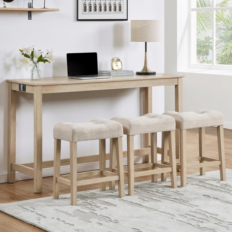 Açık Meşe Masif Ahşap Prizli USB Portlu 3 Tabureli Koltuk Arkası Dresuar - 150x51 cm - 217352