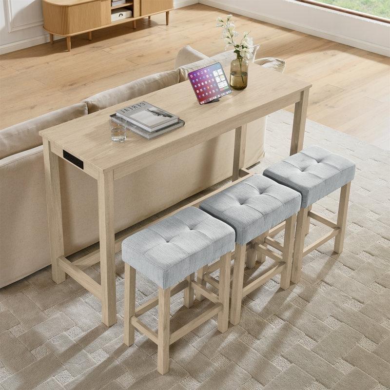 Açık Meşe Masif Ahşap Prizli ve USB Şarjlı 3 Tabureli Koltuk Arkası Dresuar Seti - 150 cm - 217615